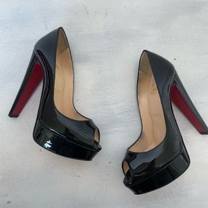 Christian Louboutin Atlanta Black Patent Leather Platform Peep Toe Pumps